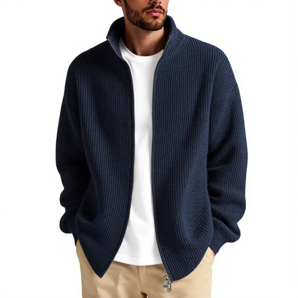 Men's loose-fit cardigan sweater coat in chemical fibre blend available in beige, black, gray, green, and navy blue