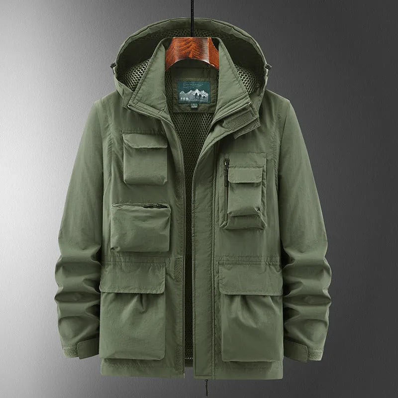 Outdoor shell jacket overalls jacket in khaki with patch pockets, nylon blend, Japanese-style cut