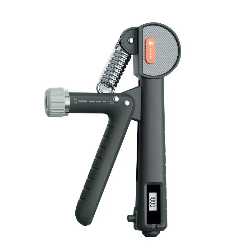 Adjustable spring grip strengthener in black ABS plastic for hand exercises