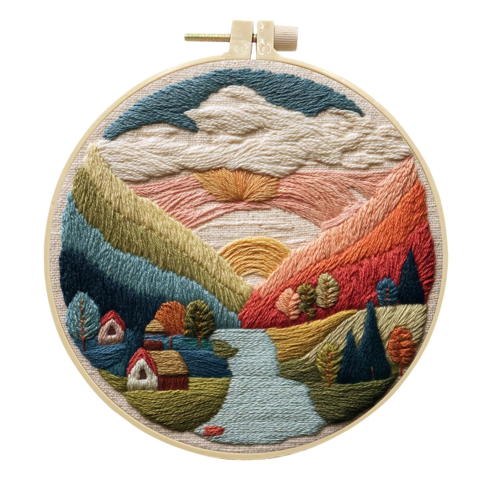 Landscape embroidery DIY kit with cotton linen fabric, 15cm imitation bamboo frame, and embroidery tools