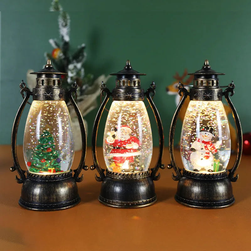 Plastic Christmas desktop oil lamp decoration with a glowing crystal ball and snowman figure.