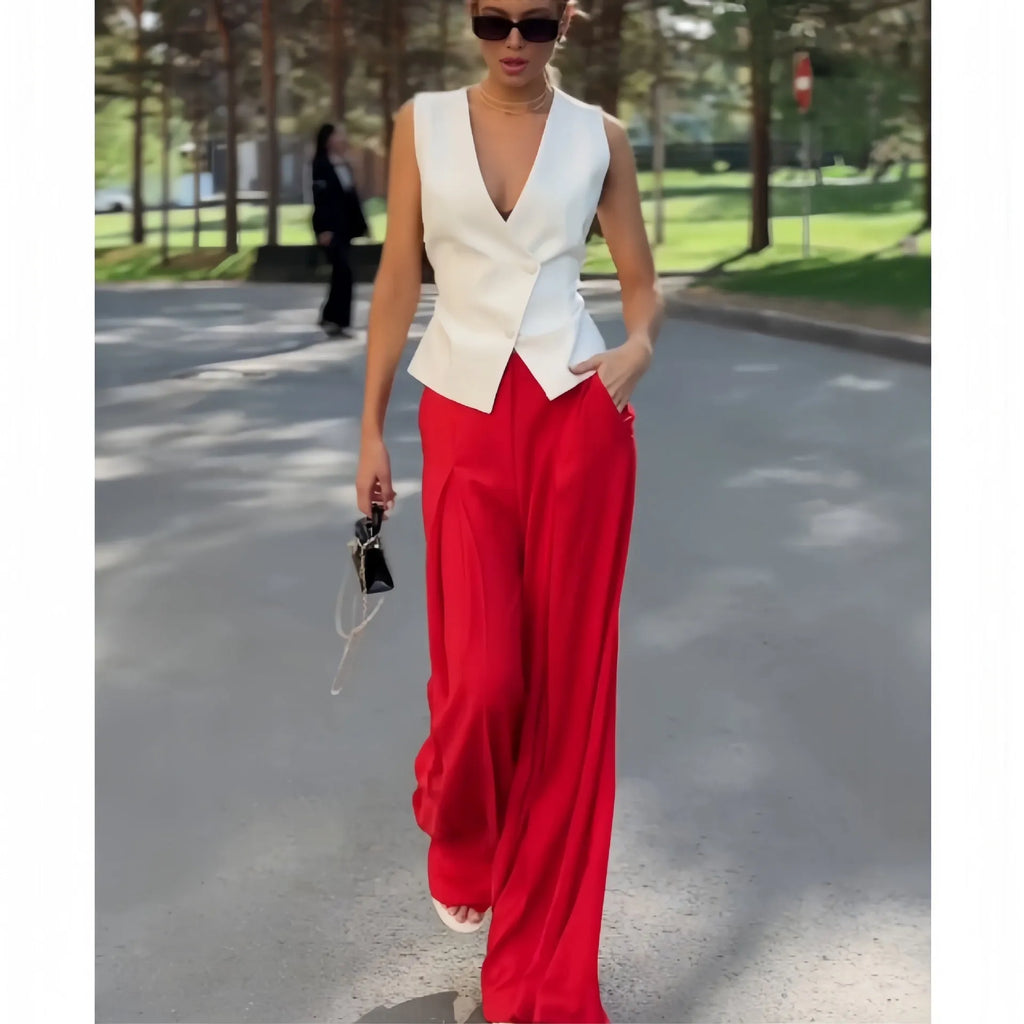 Women's beige polyester two-piece set with deep V-neck sleeveless top and high-waist wide-leg trousers