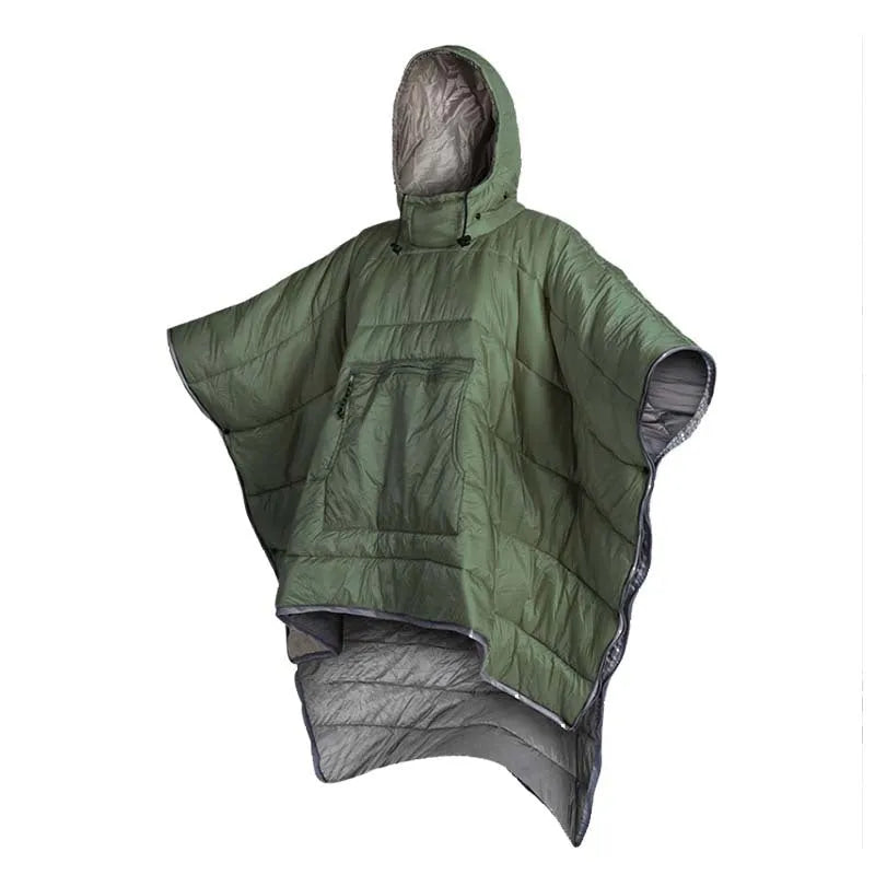 Army green outdoor cloak sleeping bag laid flat showing its 200x140cm size and wearable hood design.