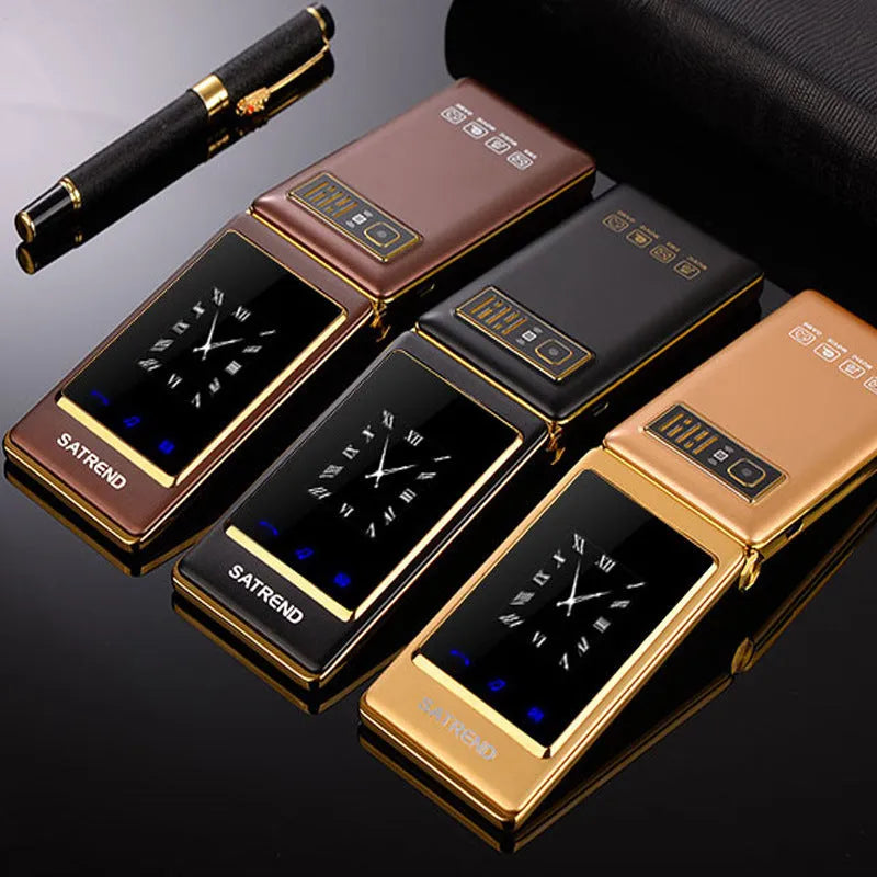 Dual screen flip A15 mobile phone in black, brown, or gold with touch screen and external display