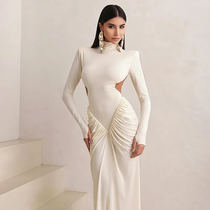 Women's long sleeve high collar backless slim fit dress with pleated detail in solid colour polyester fabric