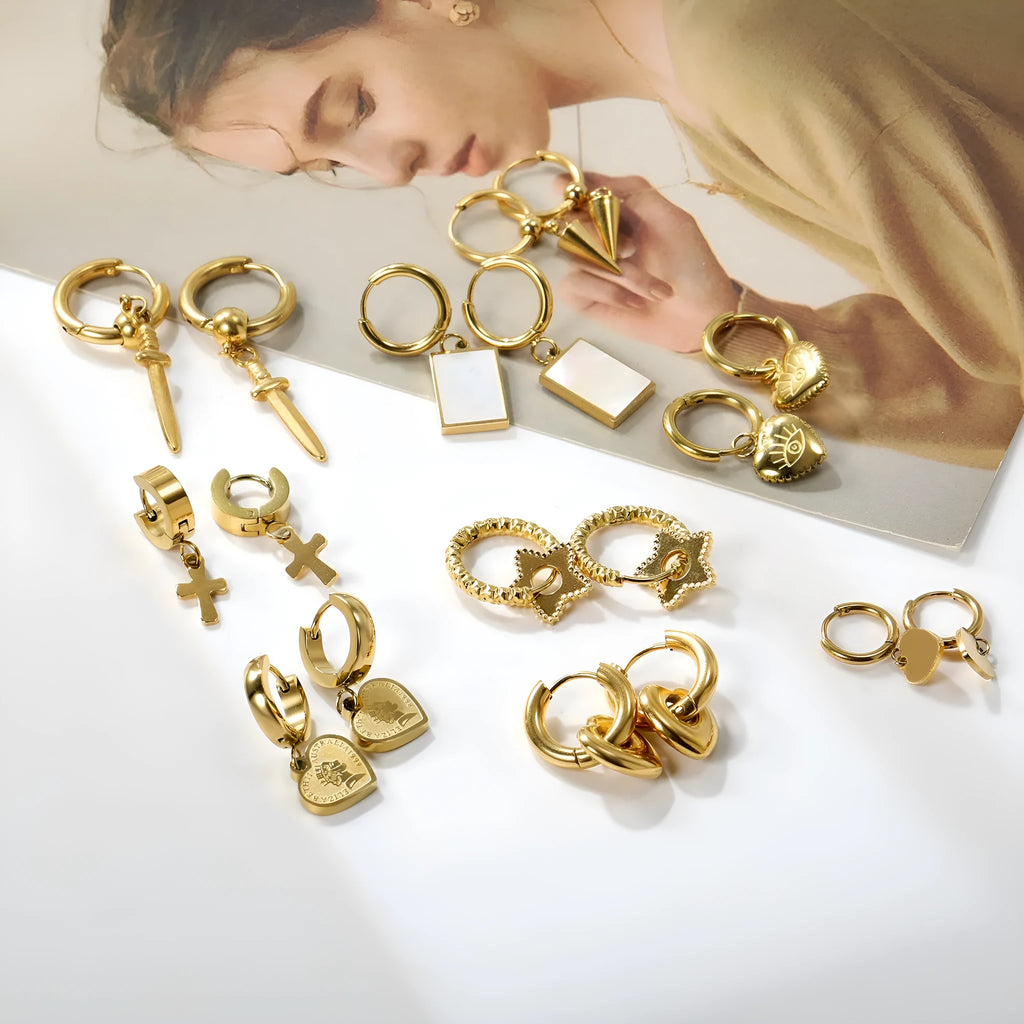 Electroplated 18K gold stainless steel earrings with heart star and geometric shapes