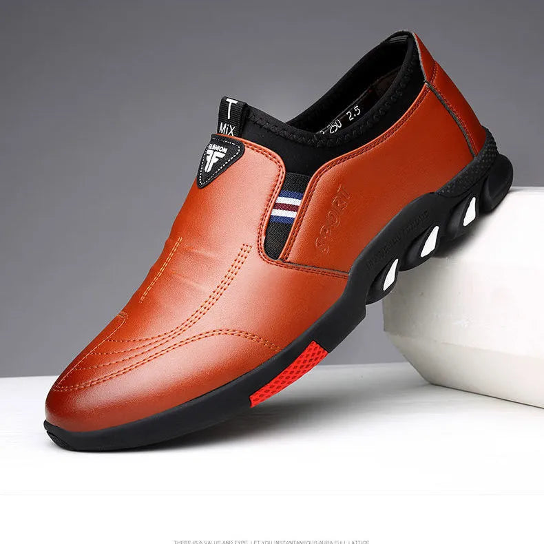 Men's black and brown PU leather flat loafers for business-casual spring wear.