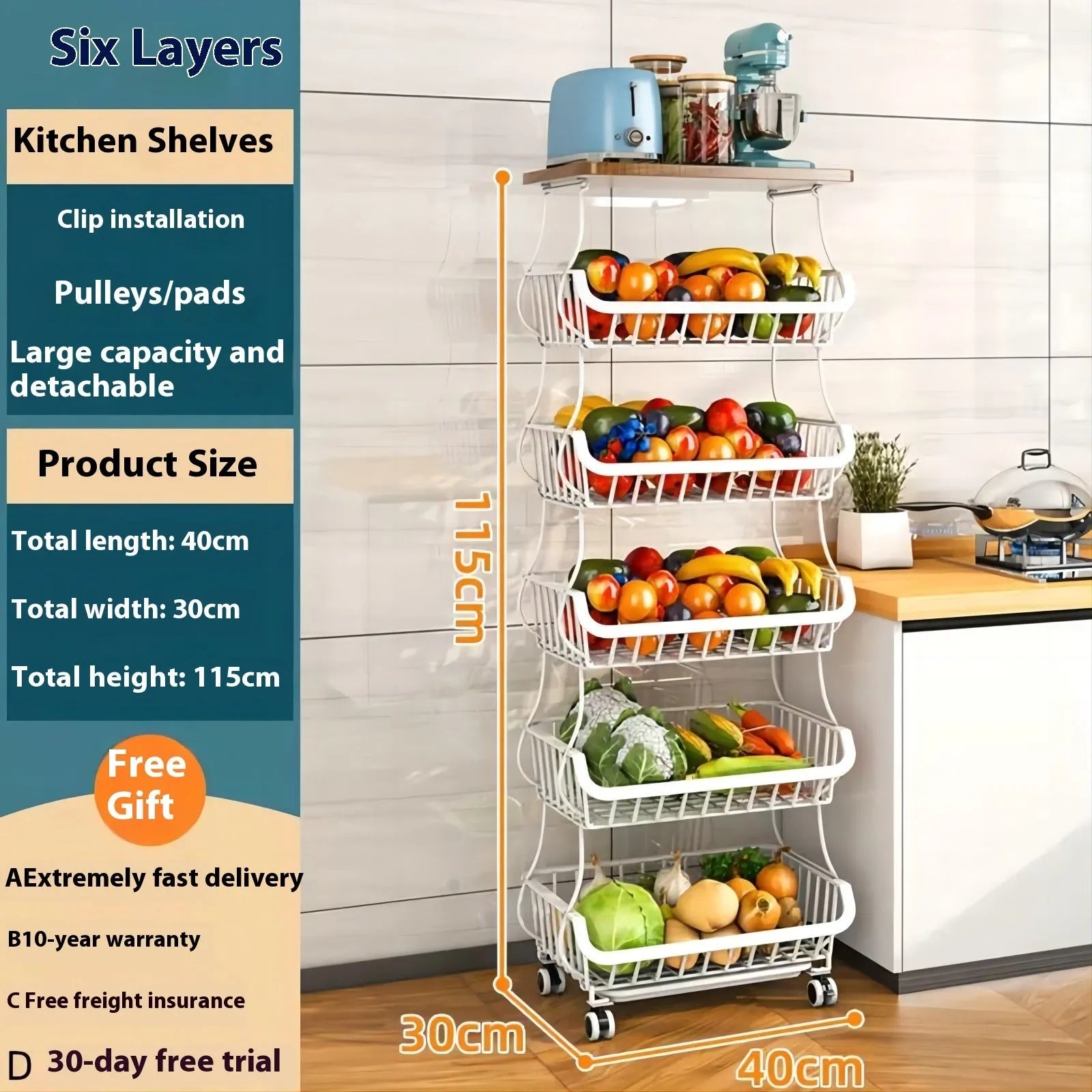 Black six tier free standing kitchen storage shelf trolley with modern design