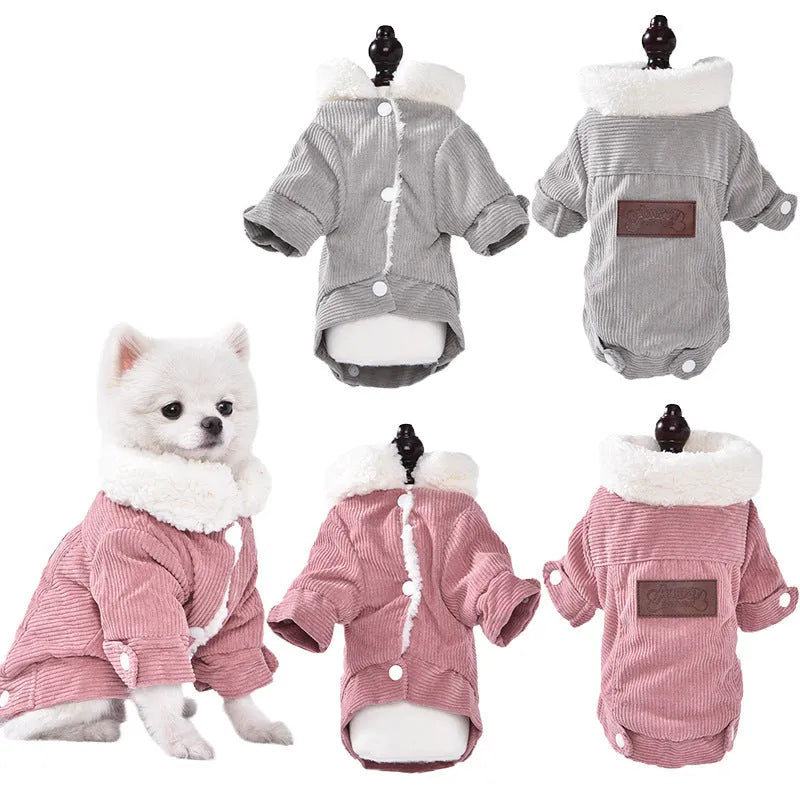 Lambswool fleece-lined padded vest for dogs and cats in grey or pink, shown in size range XS to XXL.