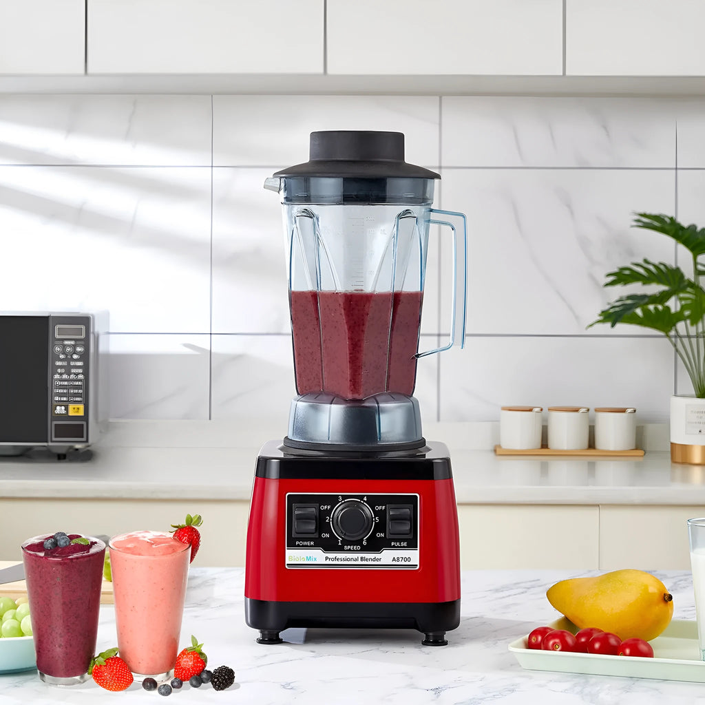 Red industrial-style commercial blender model A8700 with 2-litre jug and 2200W motor.