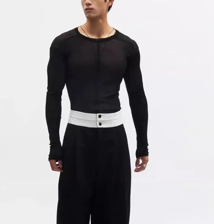 Black mesh see-through slim-fit long sleeve women's pullover top on a hanger.