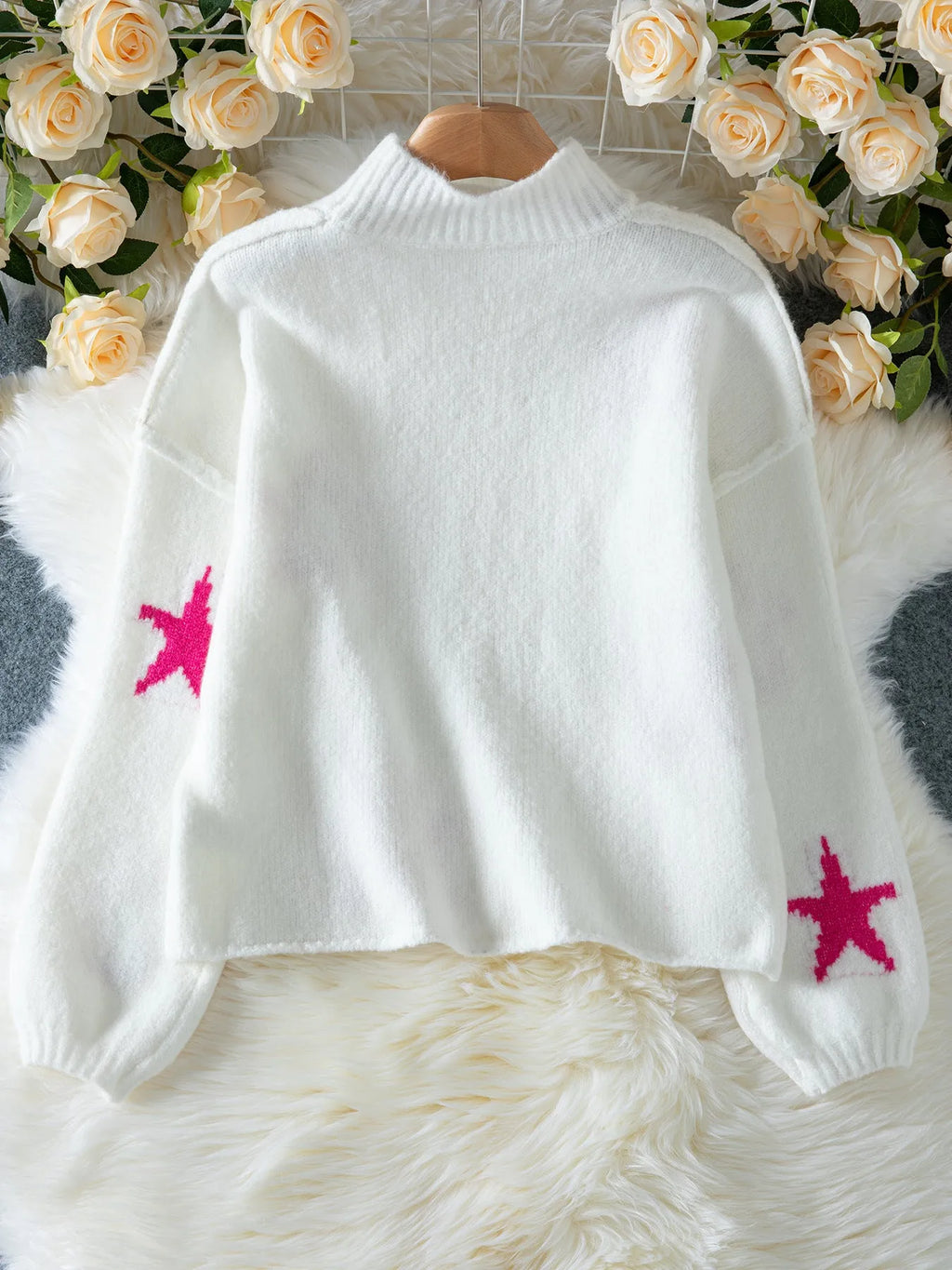 White women's turtleneck pullover sweater with five-pointed star pattern on imitation velvet fabric