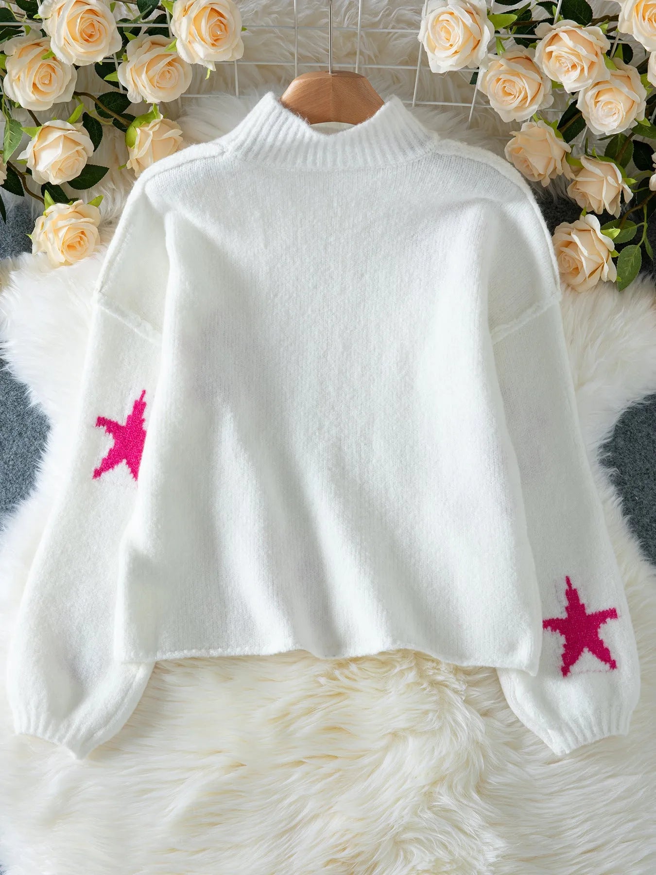 White women's turtleneck pullover sweater with five-pointed star pattern on imitation velvet fabric