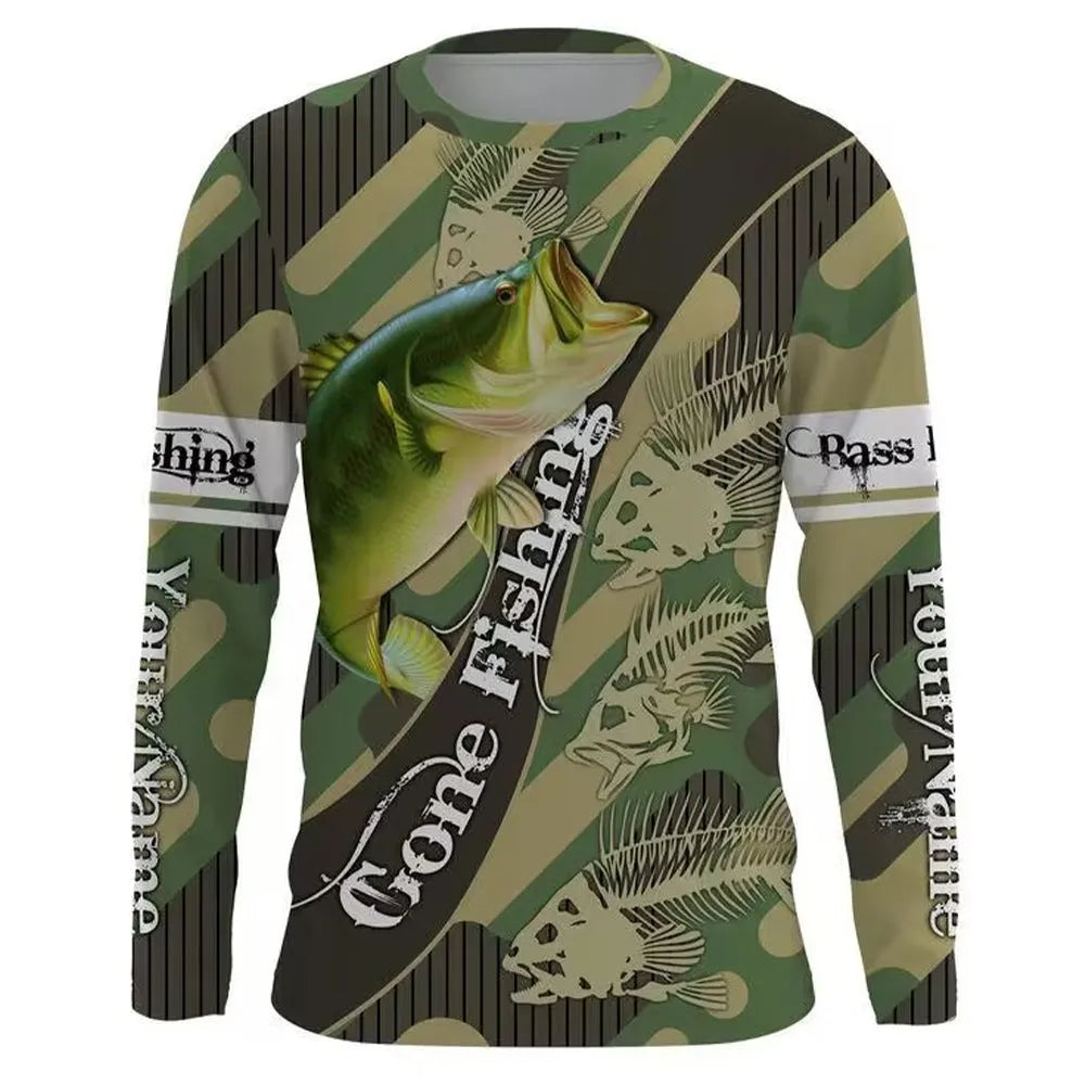 Men's grey pullover sweater with a detailed all-over fish print, featuring a round neck and long sleeves.