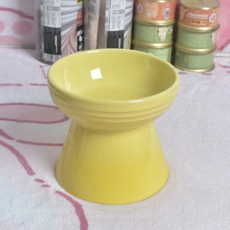 Black ceramic pet bowl with high foot and neck design for anti-tumble feeding