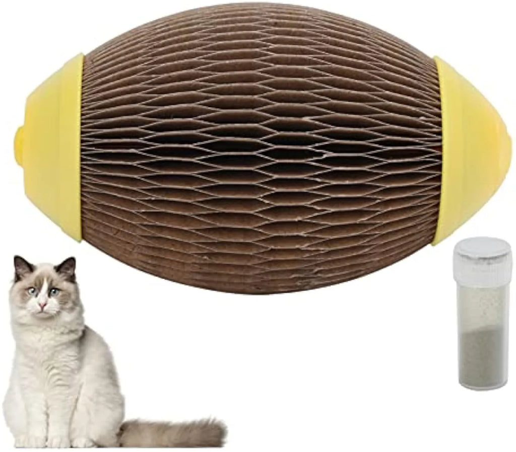 Ellipse-shaped catnip ball toy made of brown corrugated paper for scratching and play.
