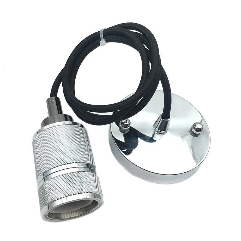 DIY retro chandelier assembly kit with metal frame, braided power cord, and electroplated lamp holder in chrome finish