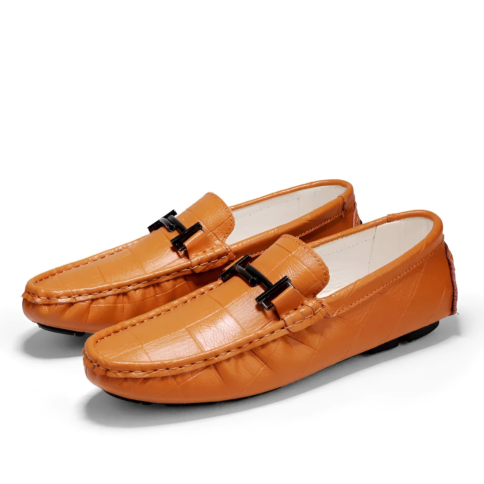 Men's black casual leather shoes with a belt buckle and flat rubber sole