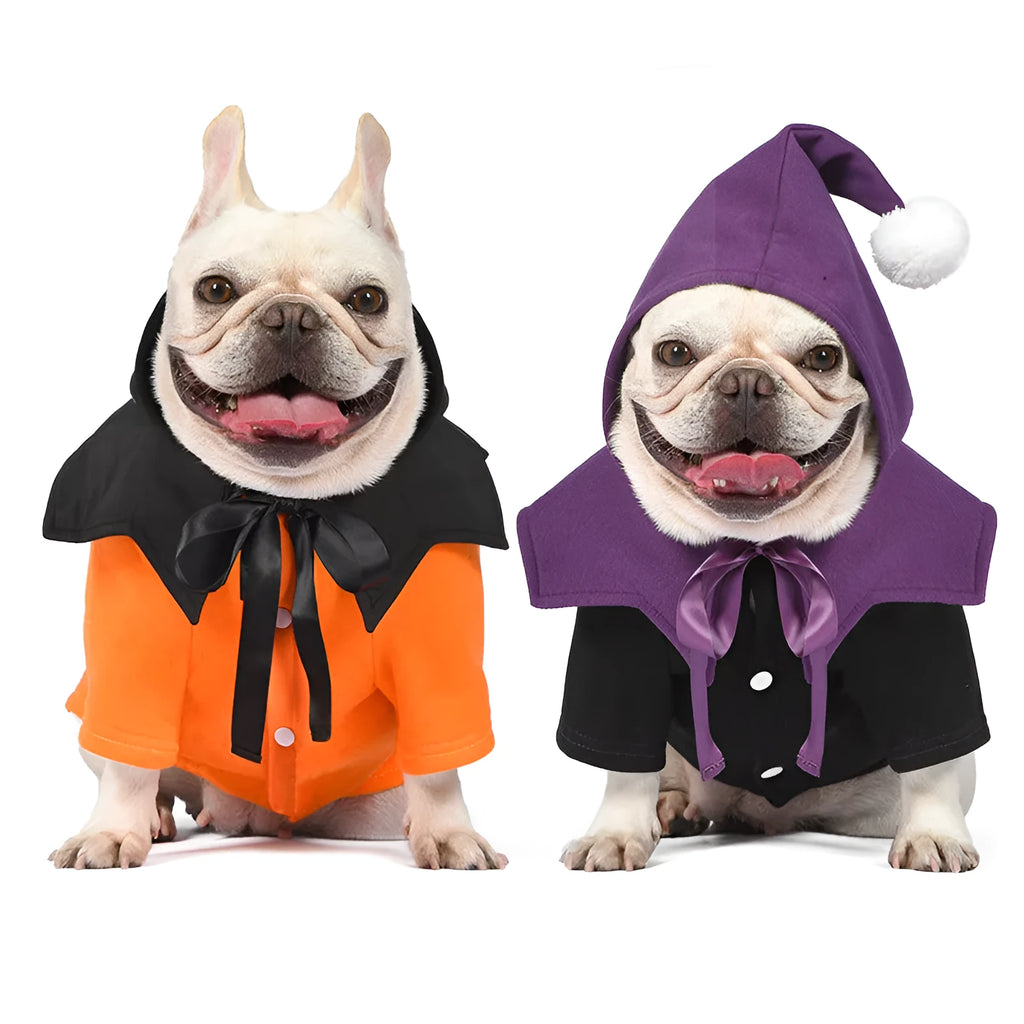Halloween pumpkin theme two-piece dog costume with sweater and shawl in black and orange colours