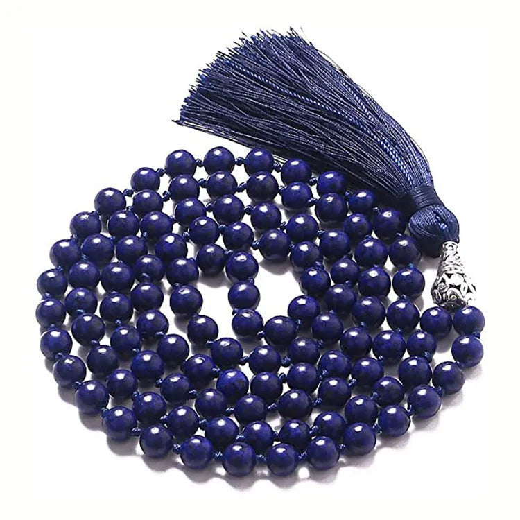 Long unisex agate and amethyst tassel necklace with blue grain stone and lapis lazuli on geometric pendant