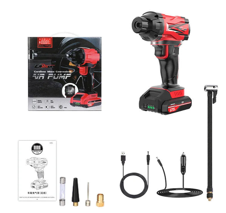 Red and black portable car tyre inflator unit with power cable and nozzles for tyres, balls and swimming rings