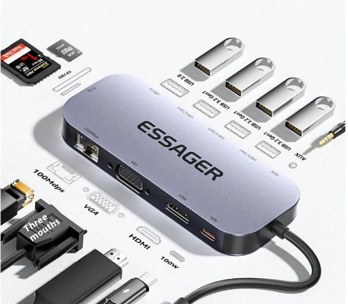 11-in-1 USB-C expansion dock with Gigabit Ethernet port and multiple connectivity interfaces