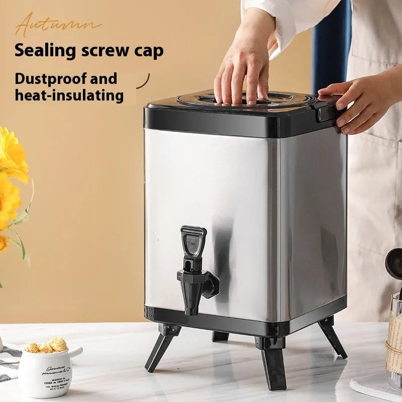 Stainless steel 8 litre milk tea bucket with square lock design in silver colour