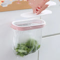 Blue plastic garbage bag storage rack mounted under a kitchen cabinet.
