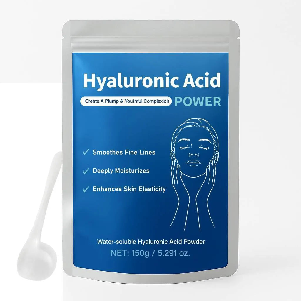 Container of pure hyaluronic acid powder with 150G net content for DIY skincare formulations