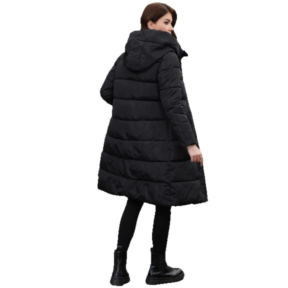 Black hooded slim fit cotton jacket with long sleeves on mannequin