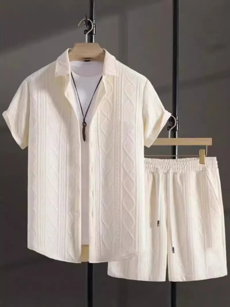 Men's jacquard short sleeve suit shorts set in chemical fibre blending fabric