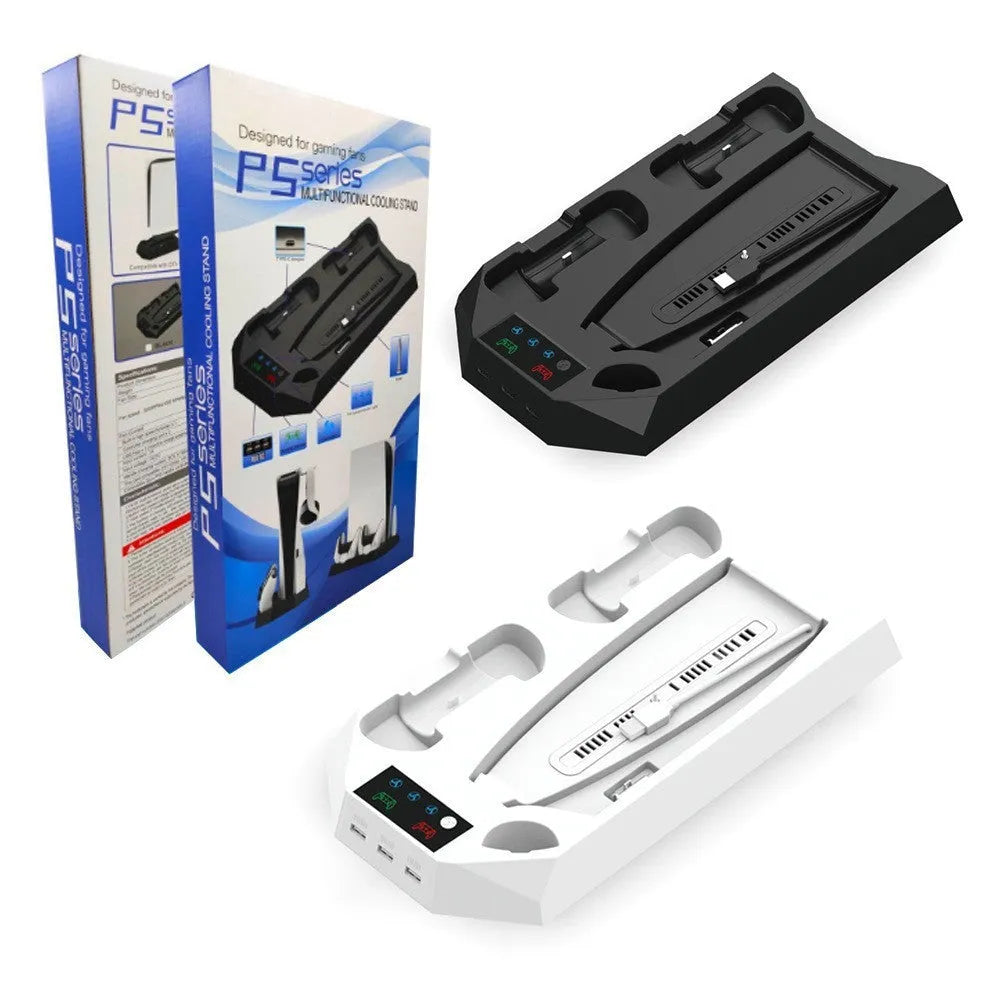 White PS5 charging dock and cooling base station with controllers and headset on display