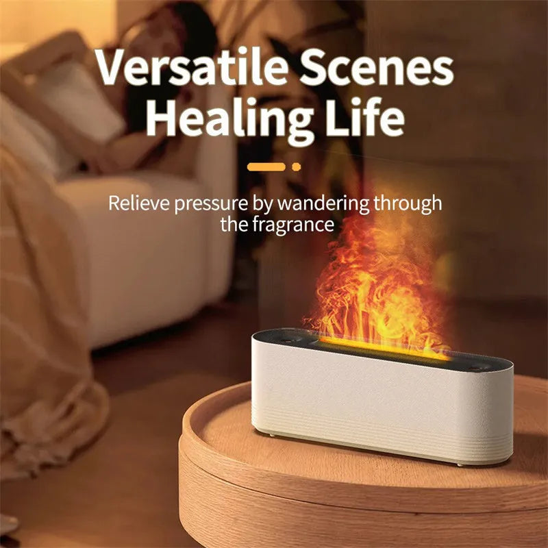 Black ultrasonic humidifier with colourful LED flame lighting and water mist output