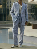 Blue and white striped polyester suit set with matching blazer and trousers for regular fit daily wear