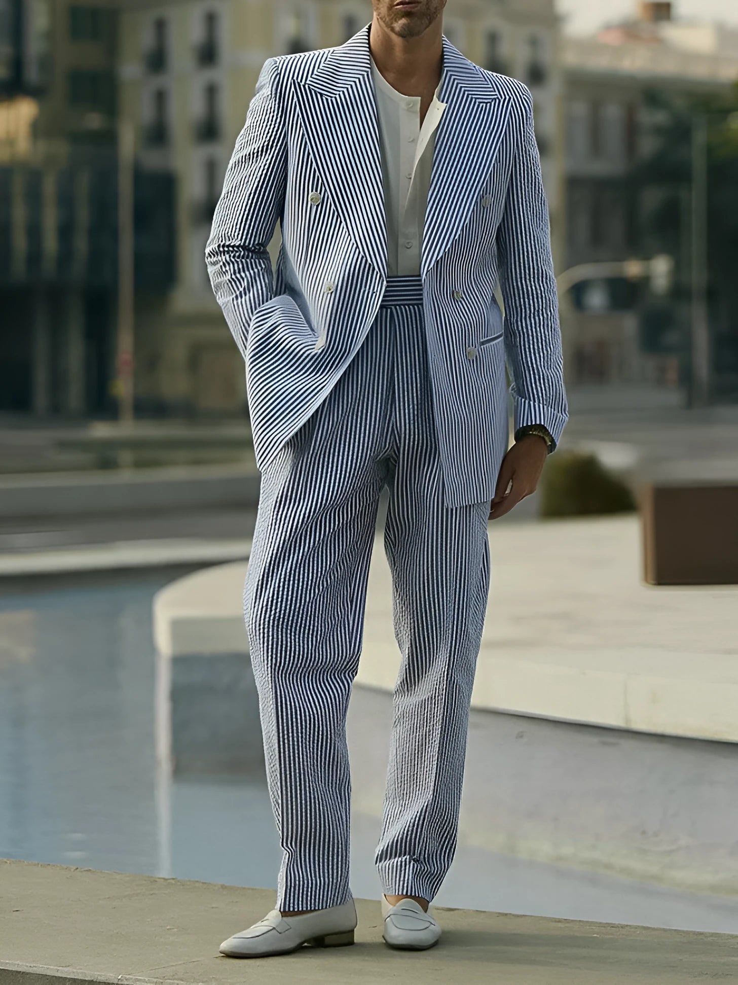 Blue and white striped polyester suit set with matching blazer and trousers for regular fit daily wear