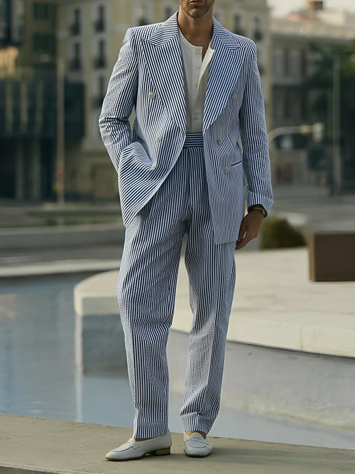 Blue and white striped polyester suit set with matching blazer and trousers for regular fit daily wear