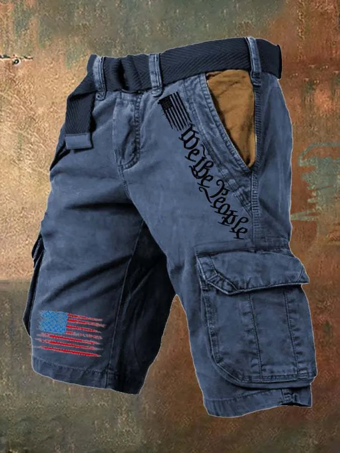 Men's khaki thin multi-pocket fifth pants with denim fabric mid-waist loose fit