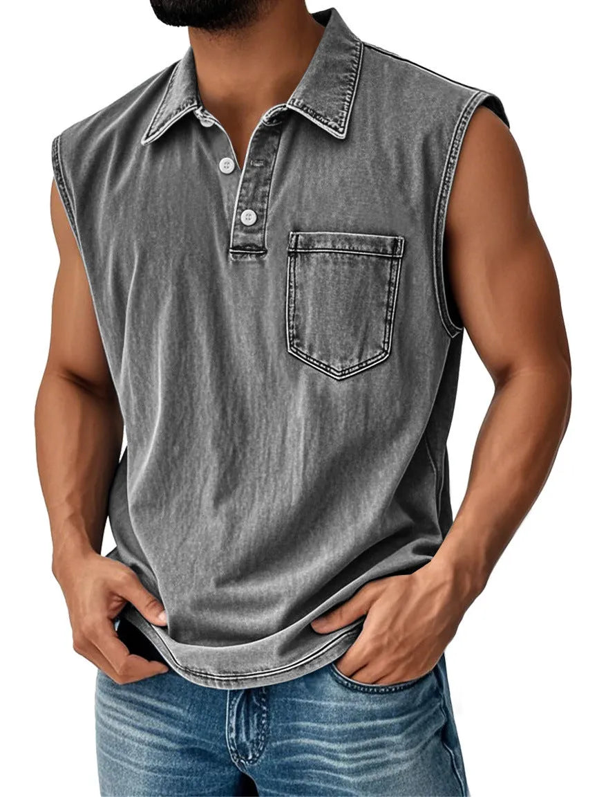 Man wearing a loose-fit short-sleeve polo shirt with a 3D digital print design.