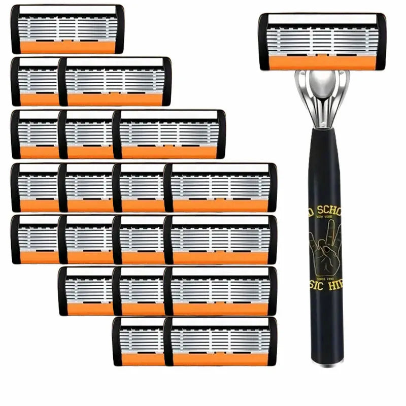 Black manual shaver cutter head with six-layer finger grip handle and multiple blade configurations.