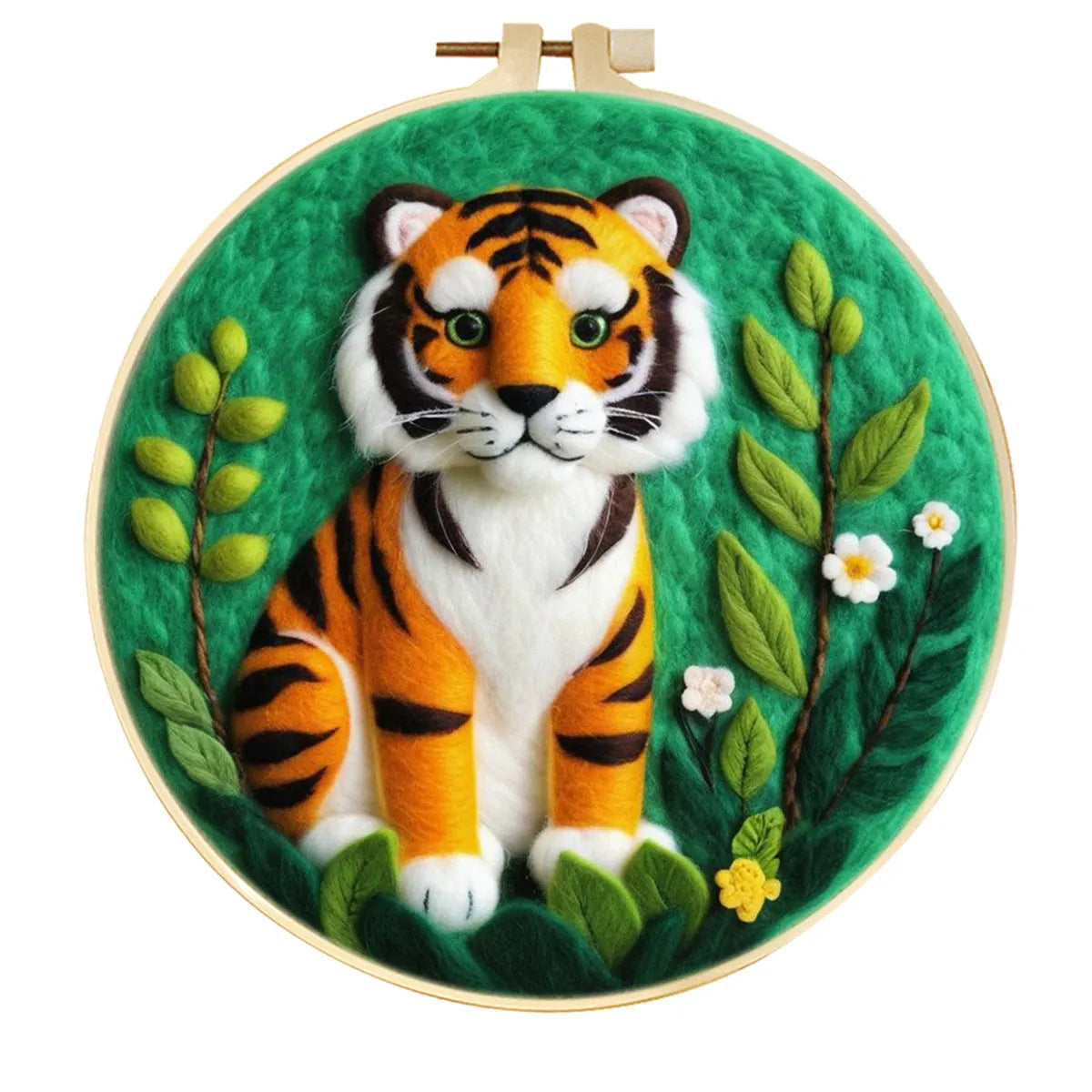 Round linen embroidery kit with wool felt materials for three-dimensional floral design