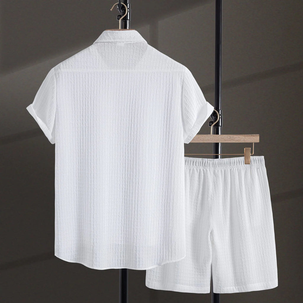 Men's white cotton blend jacquard short sleeve shirt with matching casual shorts