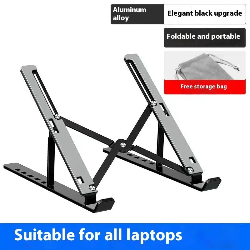 Silver aluminium laptop stand holding a notebook at an angle on a desk