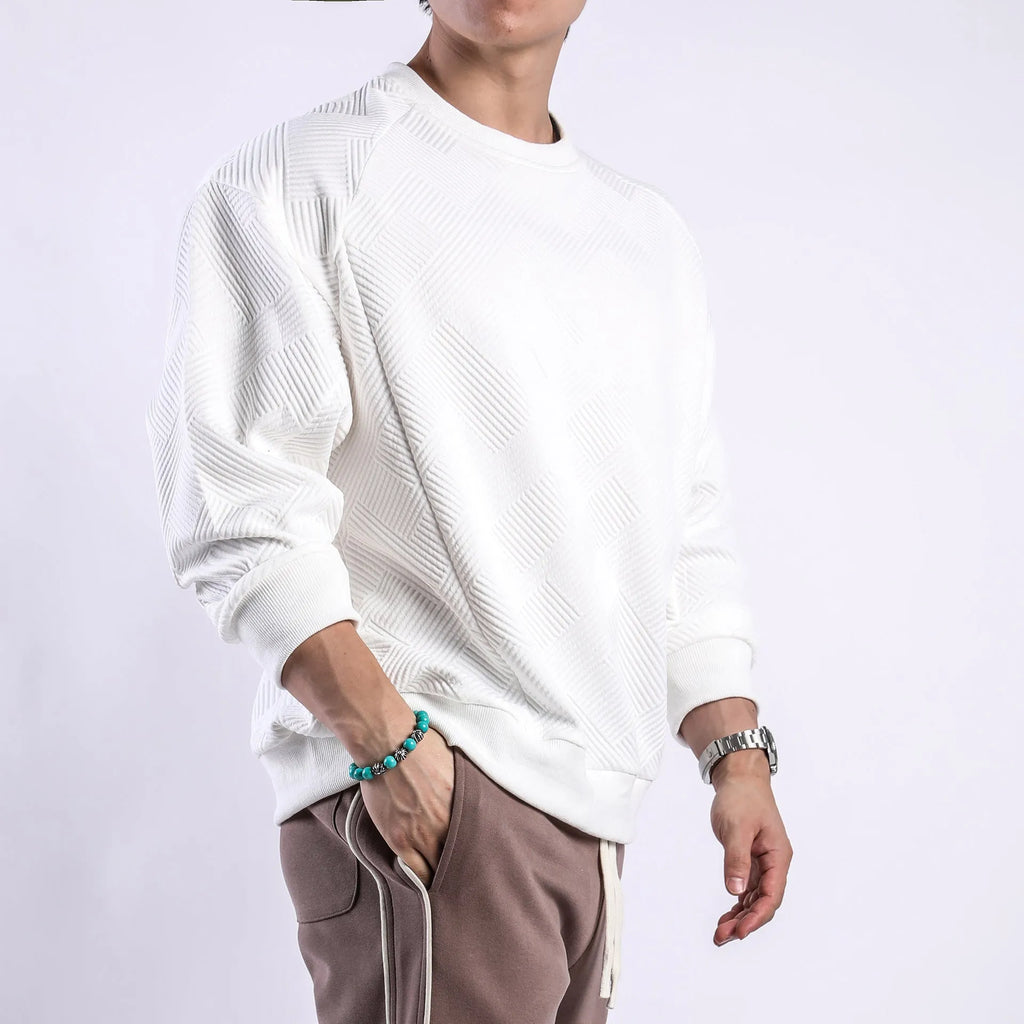 Men's loose fit twill jacquard pullover sweater in Army Green colour showing round neck and long sleeves
