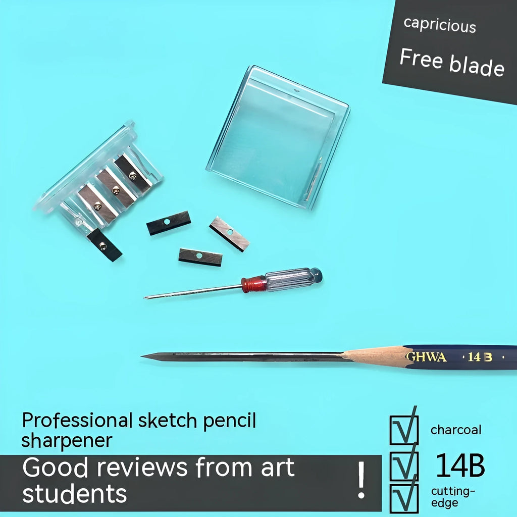 Geometric plastic pencil sharpener with four colour-coded holes and integrated screwdriver tool