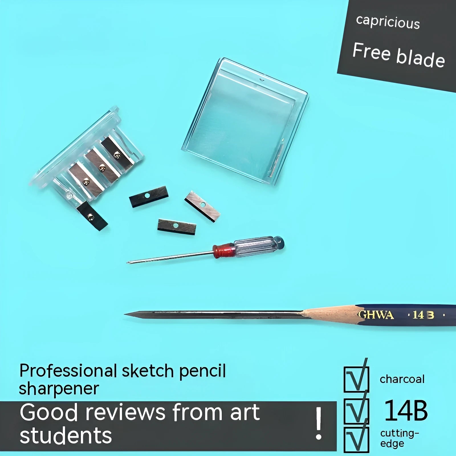 Geometric plastic pencil sharpener with four colour-coded holes and integrated screwdriver tool