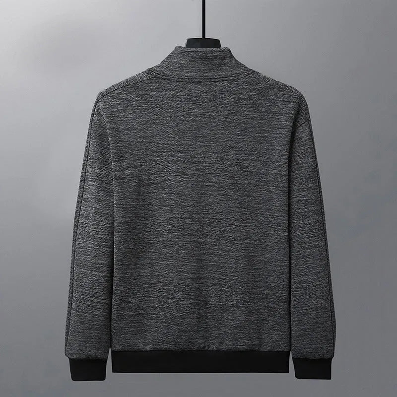 Men's black fitted casual jacket with a stand-up collar and zip front.