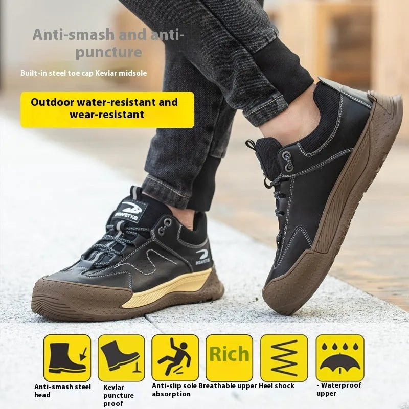 Flyknit work shoes with leather upper and rubber sole in multiple colour options