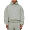 Men's solid color fleece-lined pullover hoodie with threaded long sleeves in gray, black, blue, or red.