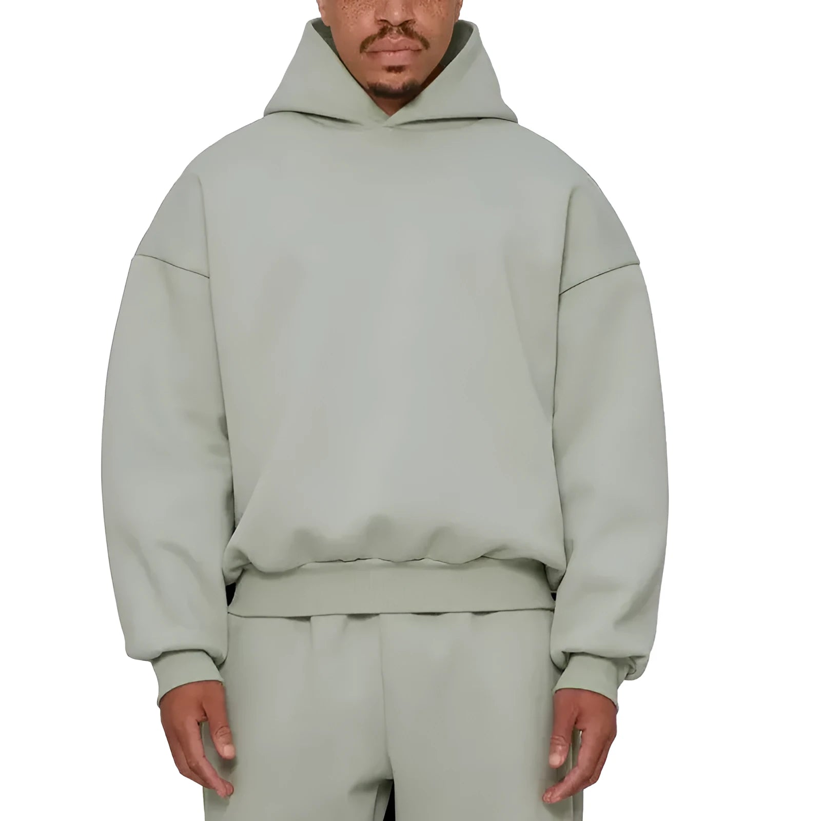 Men's solid color fleece-lined pullover hoodie with threaded long sleeves in gray, black, blue, or red.