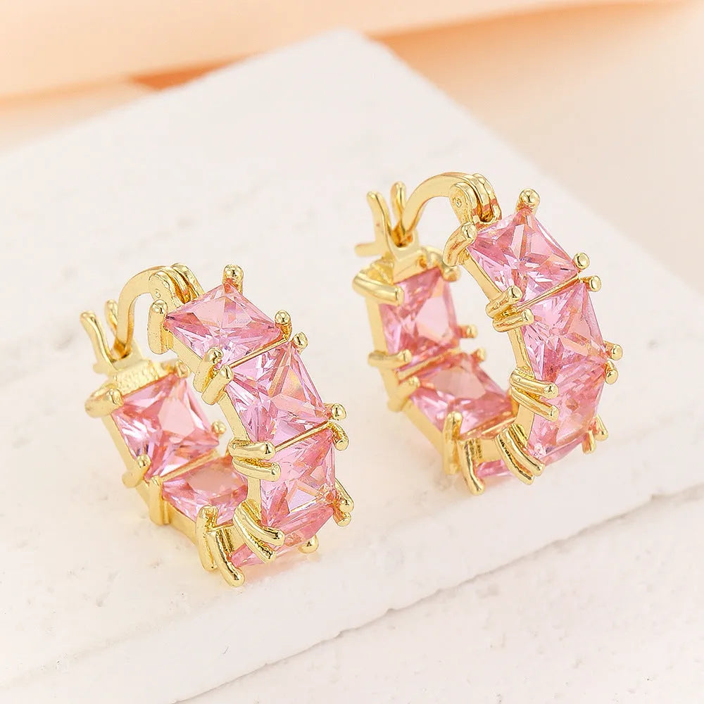 Geometric U-shaped women's earrings with crystal zirconium elements in black, pink, or white variants